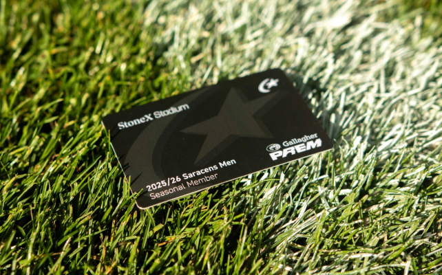 Image of a green gift cards produced Saracens season ticket on a grass pitch background